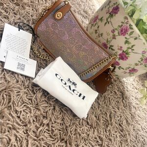 Coach Multicolor Crystal Embellished Crossbody with Brown Leather Trim